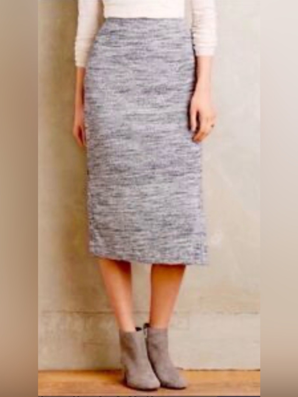 Anthropologie Maeve Marled Gray Knit Button Slit Midi Pencil Skirt Ribbed. Sz L